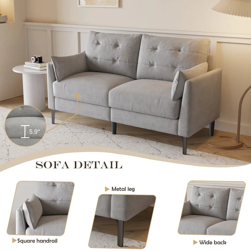 Canapé double gris clair 146 cm en coton et lin avec coussin épais et accoudoirs