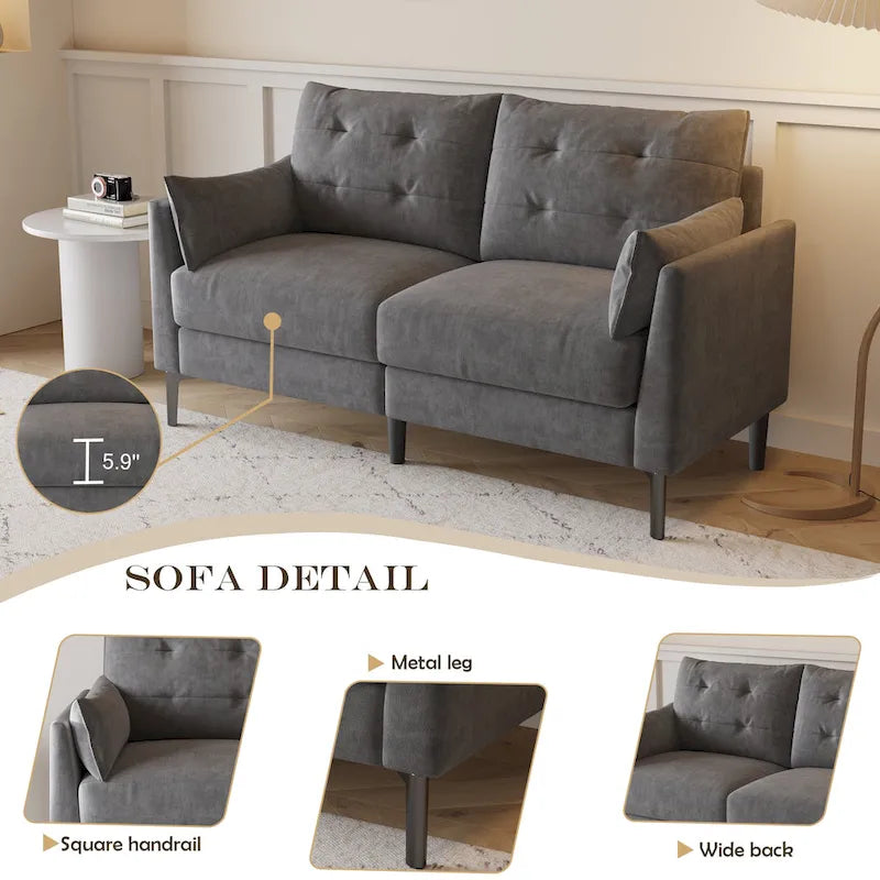 Canapé double gris clair 146 cm en coton et lin avec coussin épais et accoudoirs