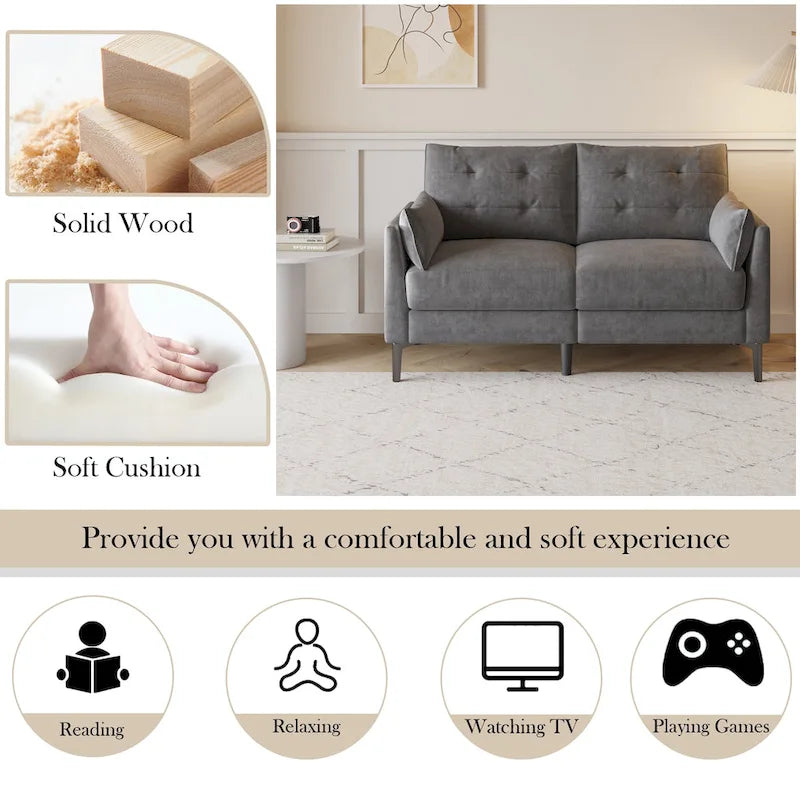 Canapé double gris clair 146 cm en coton et lin avec coussin épais et accoudoirs