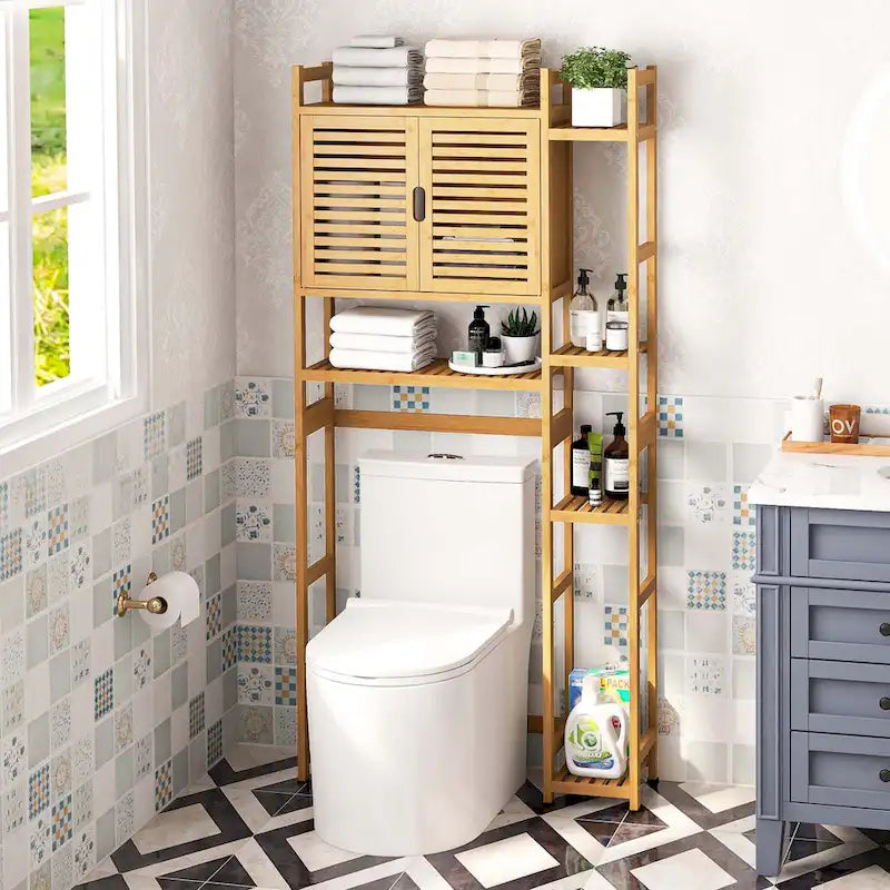 Meuble de rangement de salle de bain en bambou à installer au-dessus des toilettes avec étagère ouverte