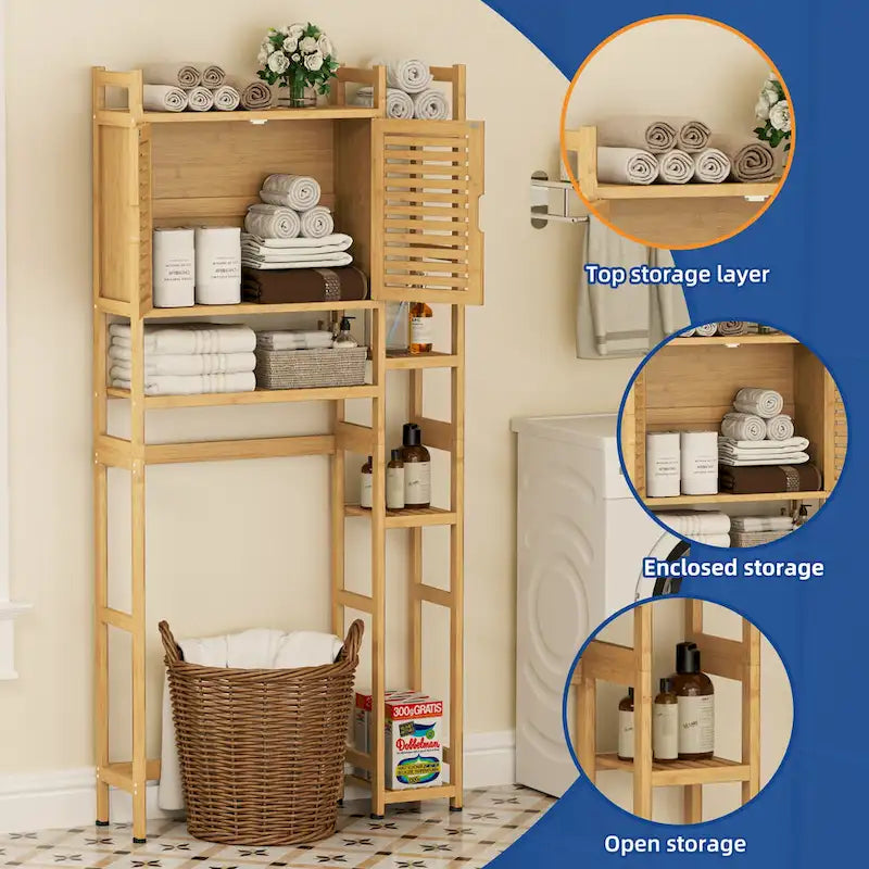 Meuble de rangement de salle de bain en bambou à installer au-dessus des toilettes avec étagère ouverte
