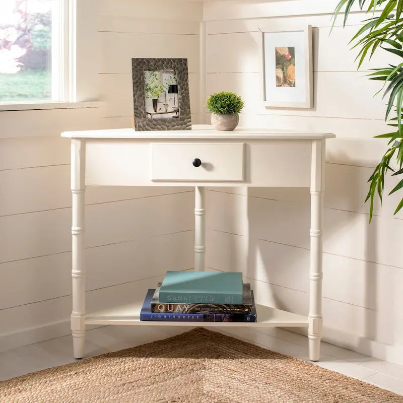 Table d'angle grise avec tiroir et étagère inférieure pour petits espaces