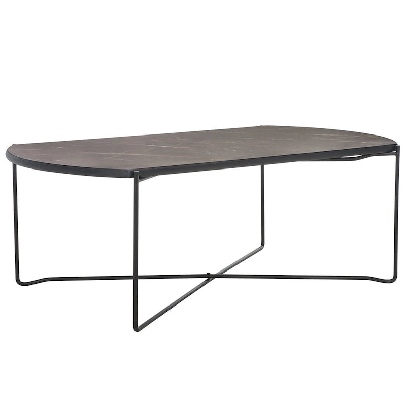 Table basse ovale minimaliste avec piètement croisé en métal noir