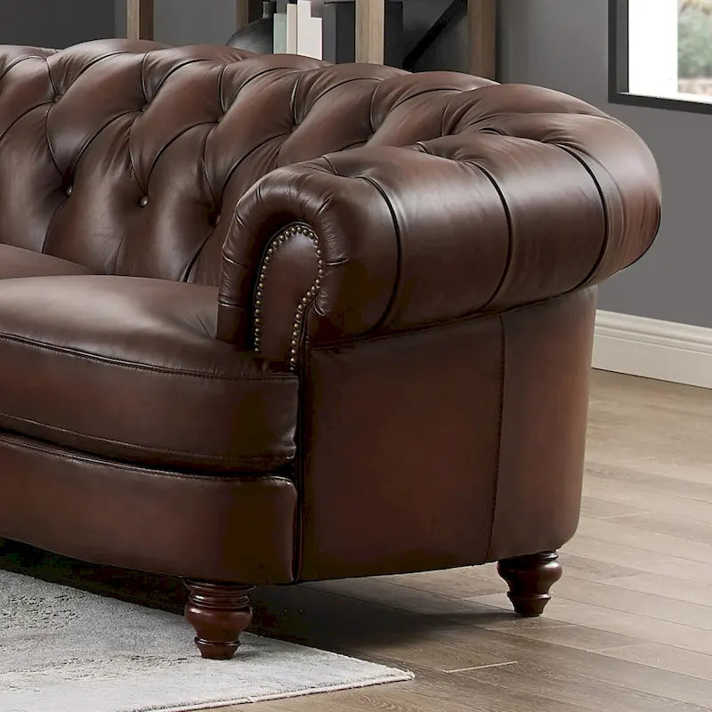Causeuse en cuir pleine fleur Chesterfield avec garniture cloutée