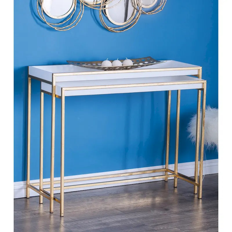 Console gigogne géométrique en bois avec pieds en métal doré blanc