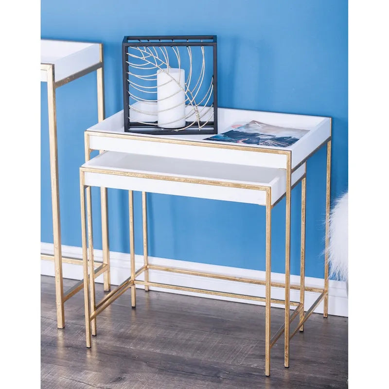 Console gigogne géométrique en bois avec pieds en métal doré blanc