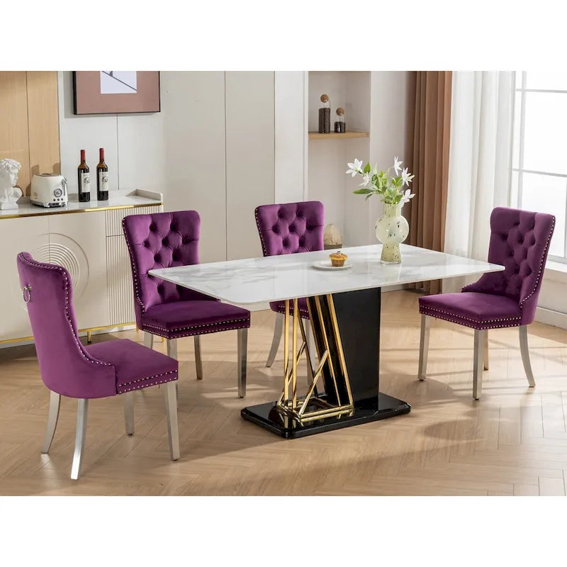 Chaise de salle à manger en velours avec garniture cloutée et pieds en acier inoxydable chromé