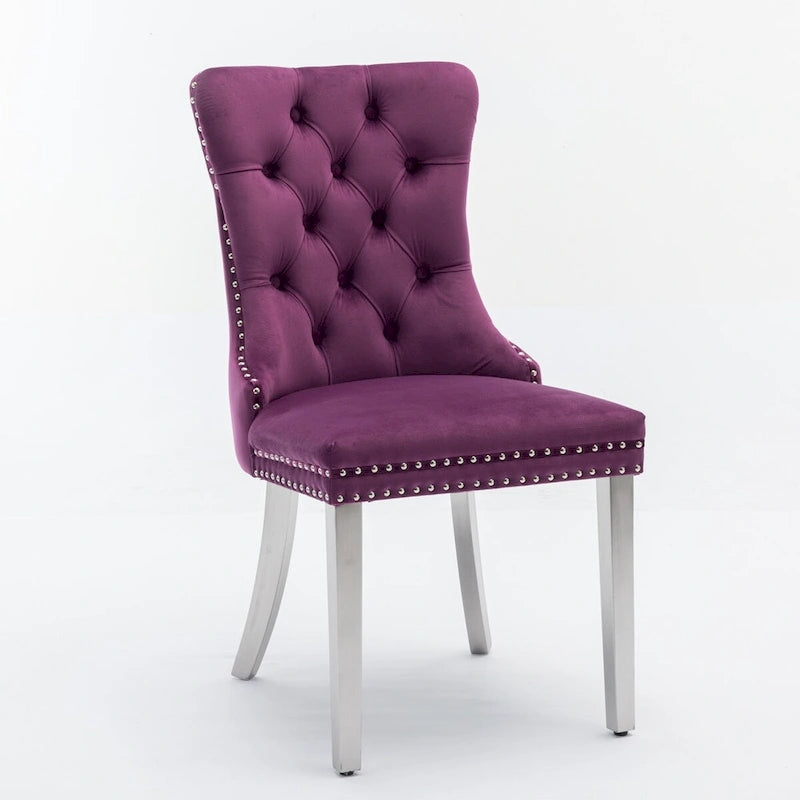 Chaise de salle à manger en velours avec garniture cloutée et pieds en acier inoxydable chromé
