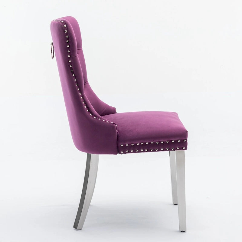 Chaise de salle à manger en velours avec garniture cloutée et pieds en acier inoxydable chromé