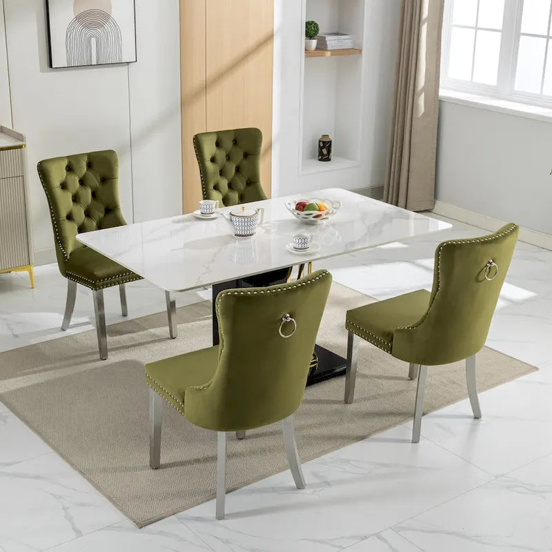 Chaise de salle à manger en velours avec garniture cloutée et pieds en acier inoxydable chromé