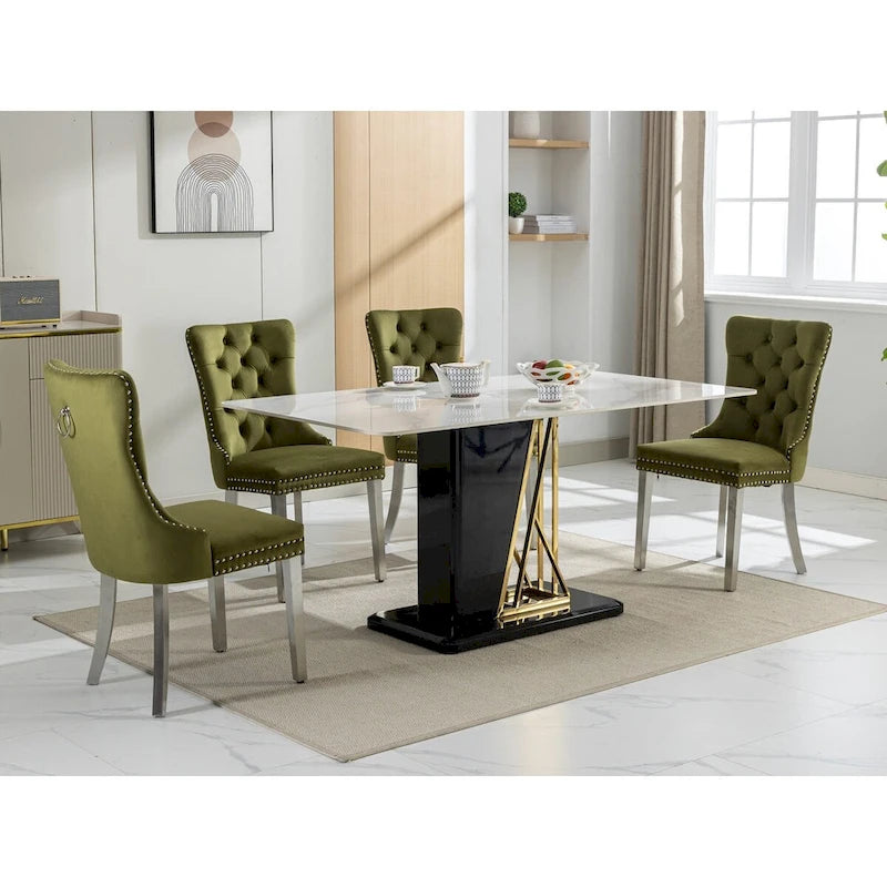 Chaise de salle à manger en velours avec garniture cloutée et pieds en acier inoxydable chromé