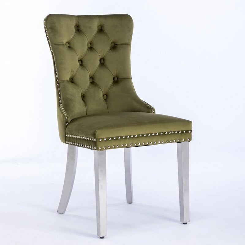 Chaise de salle à manger en velours avec garniture cloutée et pieds en acier inoxydable chromé