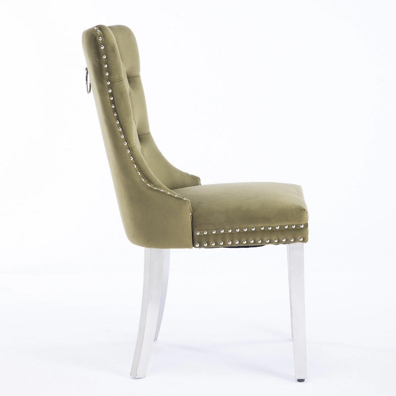 Chaise de salle à manger en velours avec garniture cloutée et pieds en acier inoxydable chromé