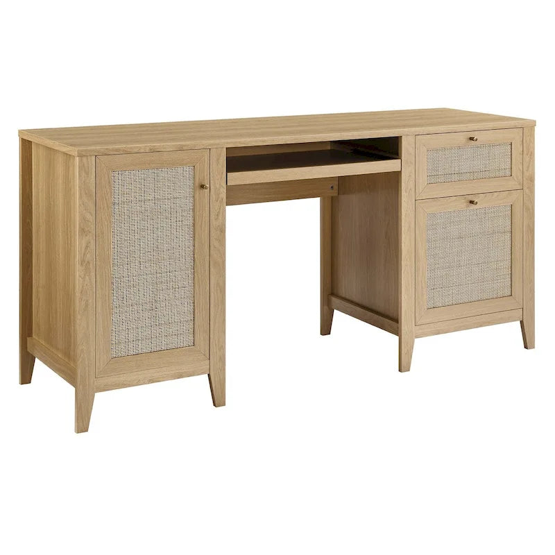 Bureau d'ordinateur de 63 pouces avec rangement en rotin et tiroir à clavier