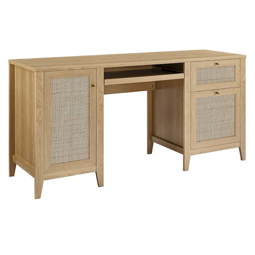 Bureau d'ordinateur de 63 pouces avec rangement en rotin et tiroir à clavier