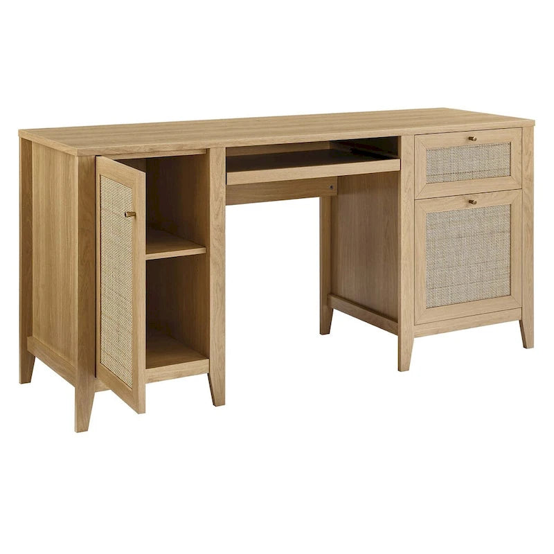 Bureau d'ordinateur de 63 pouces avec rangement en rotin et tiroir à clavier