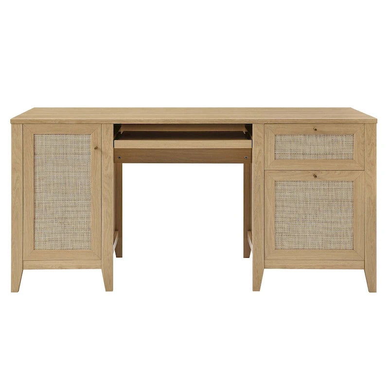 Bureau d'ordinateur de 63 pouces avec rangement en rotin et tiroir à clavier