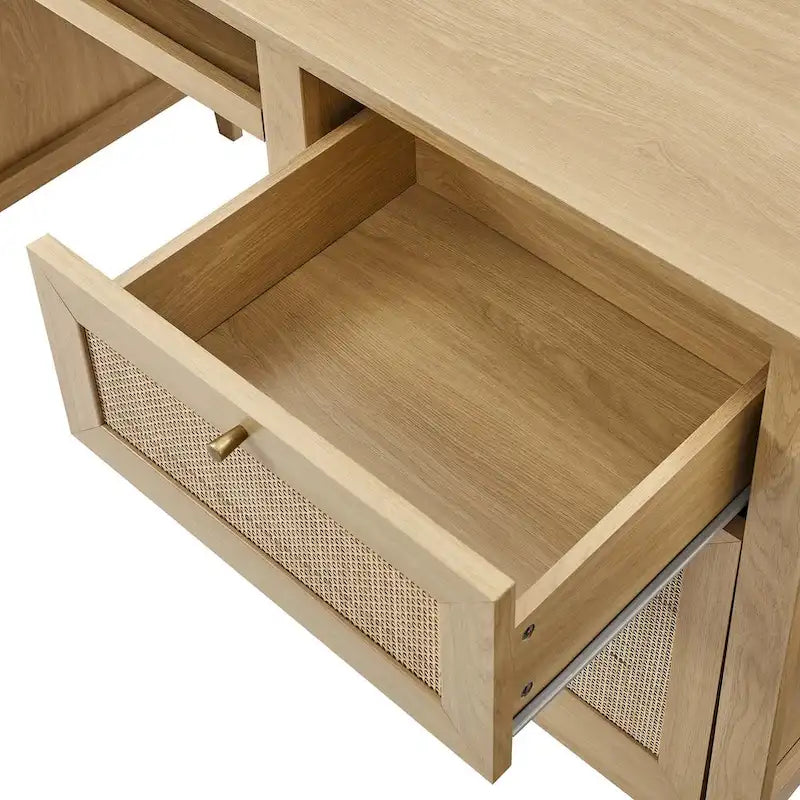 Bureau d'ordinateur de 63 pouces avec rangement en rotin et tiroir à clavier