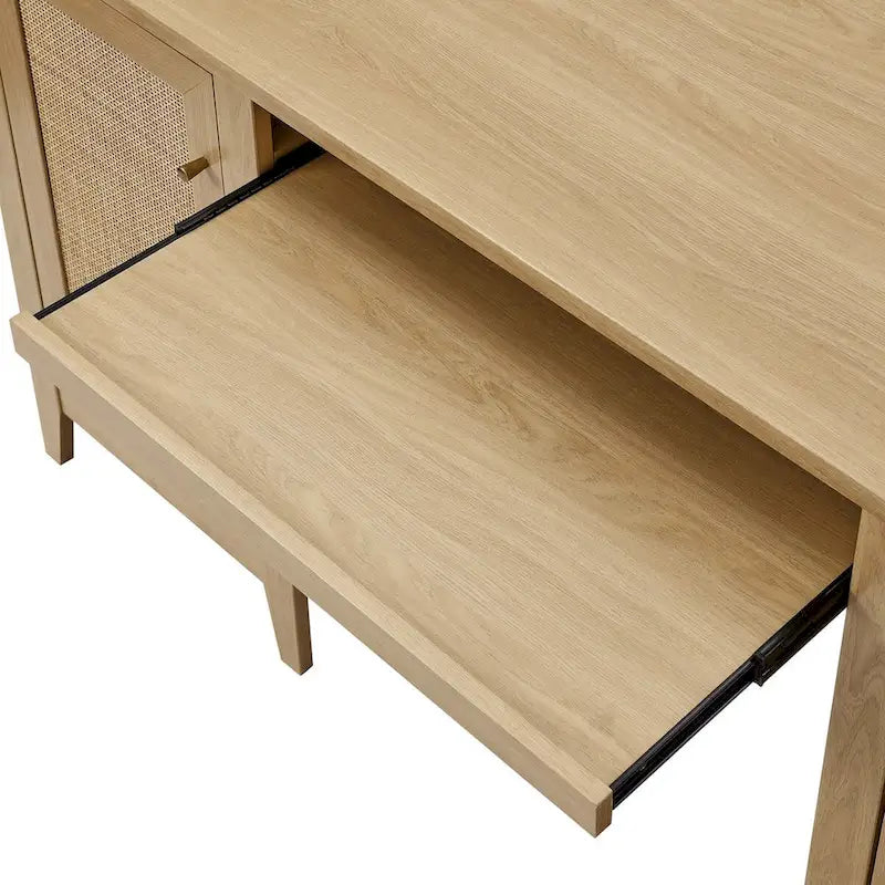 Bureau d'ordinateur de 63 pouces avec rangement en rotin et tiroir à clavier