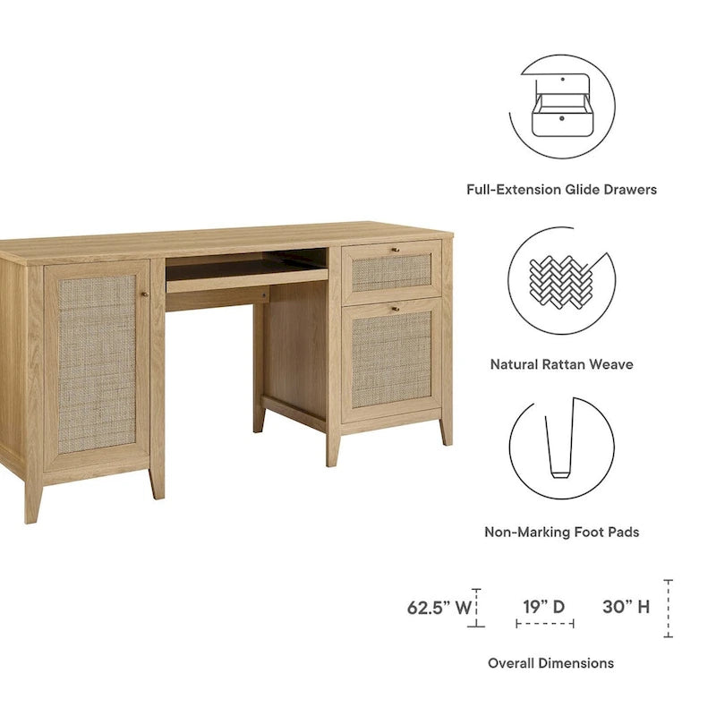 Bureau d'ordinateur de 63 pouces avec rangement en rotin et tiroir à clavier