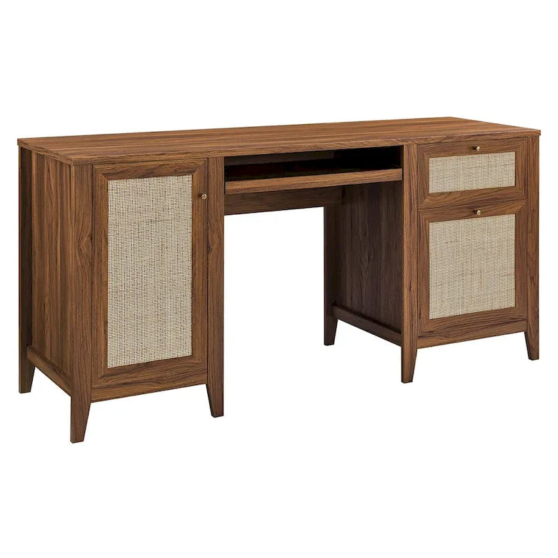 Bureau d'ordinateur de 63 pouces avec rangement en rotin et tiroir à clavier