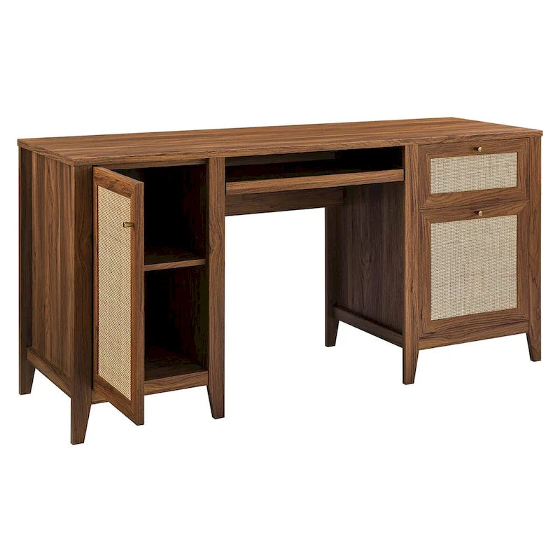 Bureau d'ordinateur de 63 pouces avec rangement en rotin et tiroir à clavier