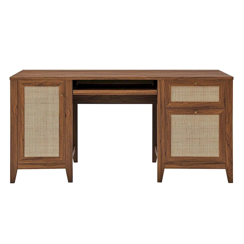 Bureau d'ordinateur de 63 pouces avec rangement en rotin et tiroir à clavier