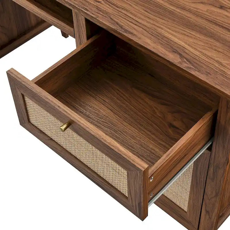 Bureau d'ordinateur de 63 pouces avec rangement en rotin et tiroir à clavier