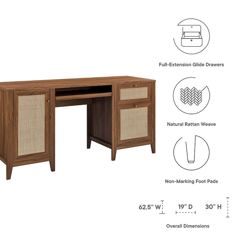 Bureau d'ordinateur de 63 pouces avec rangement en rotin et tiroir à clavier