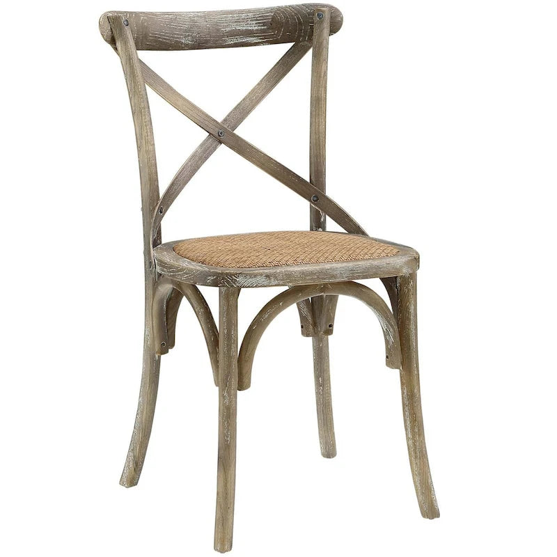 Chaise de salle à manger rustique en orme avec assise en rotin et pieds fuselés