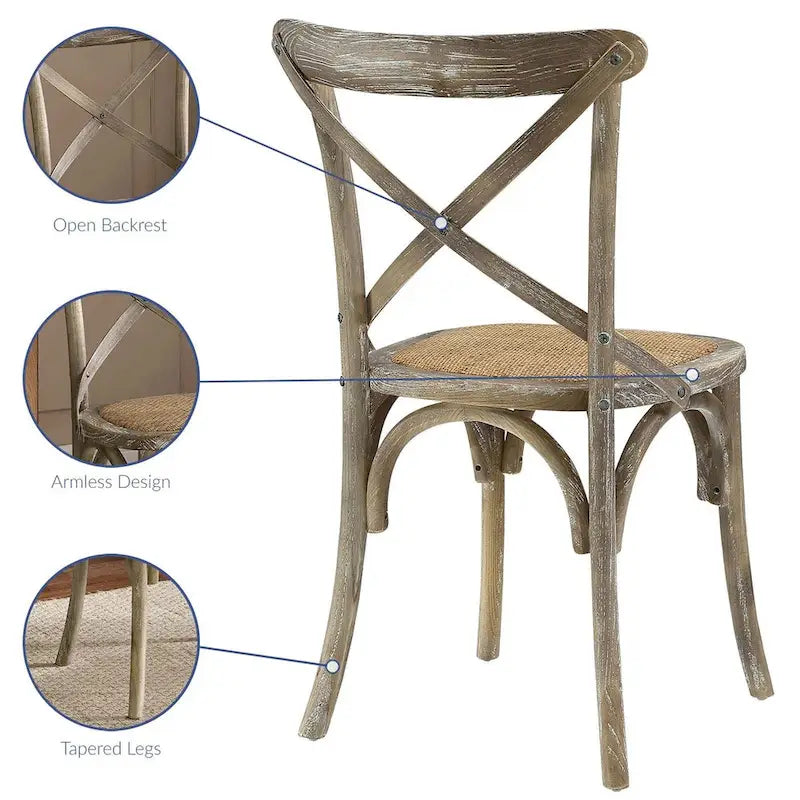 Chaise de salle à manger rustique en orme avec assise en rotin et pieds fuselés