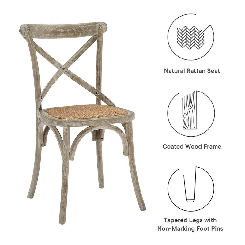Chaise de salle à manger rustique en orme avec assise en rotin et pieds fuselés