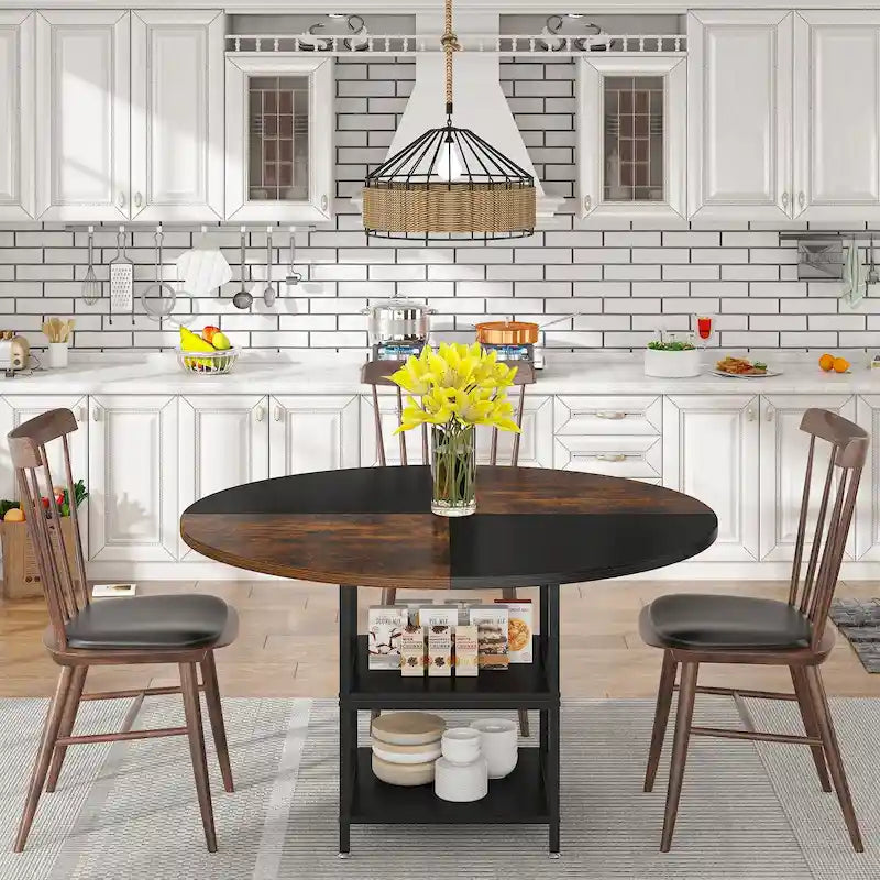 Table à manger ronde de 47 pouces avec étagères de rangement à 2 niveaux