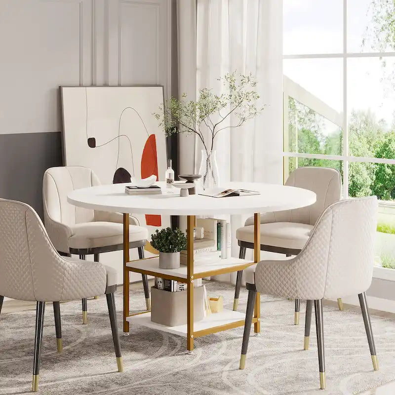 Table à manger ronde de 47 pouces avec étagères de rangement à 2 niveaux