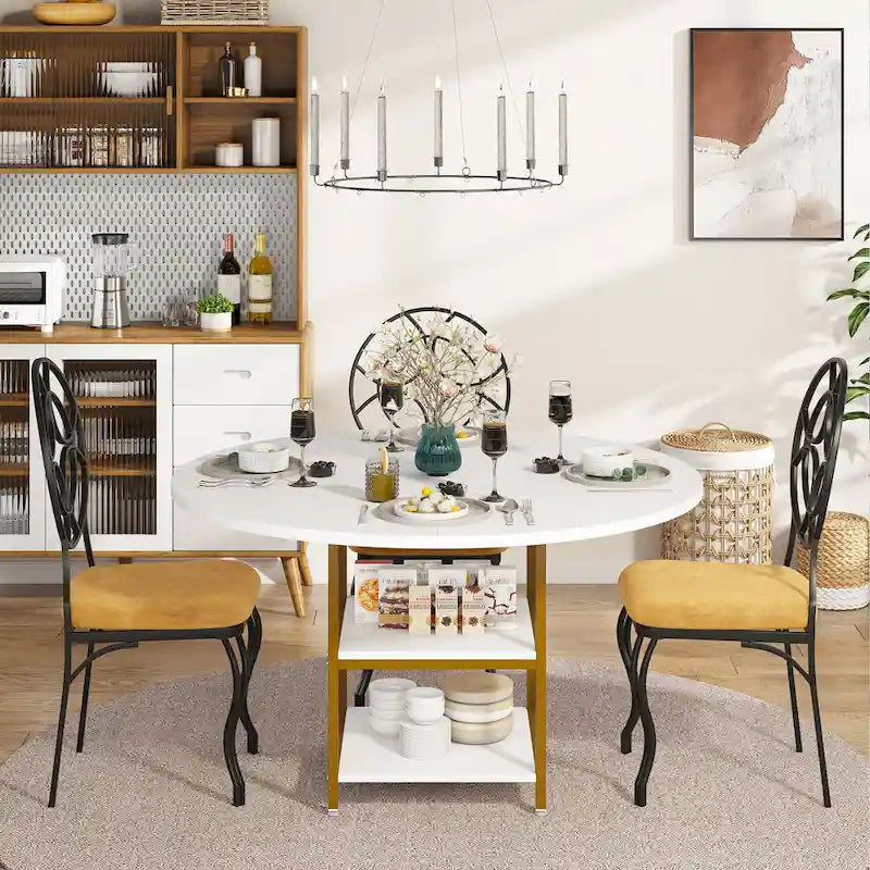 Table à manger ronde de 47 pouces avec étagères de rangement à 2 niveaux