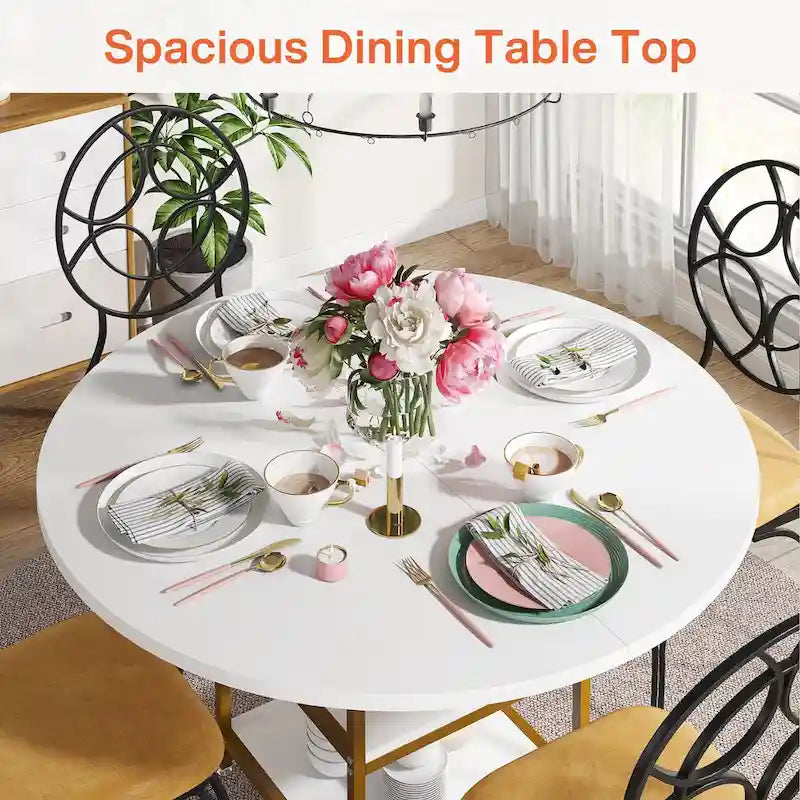 Table à manger ronde de 47 pouces avec étagères de rangement à 2 niveaux