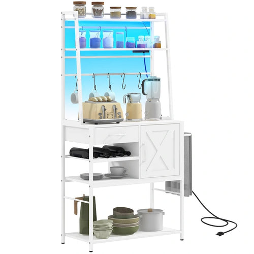 Étagère de cuisine avec prise de courant et lumières LED, meuble bar à café avec étagères de rangement et support pour micro-ondes