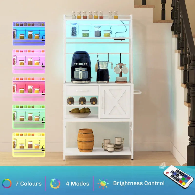Étagère de cuisine avec prise de courant et lumières LED, meuble bar à café avec étagères de rangement et support pour micro-ondes