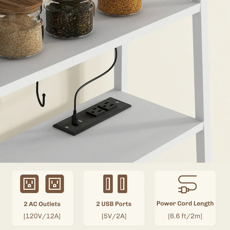 Étagère de cuisine avec prise de courant et lumières LED, meuble bar à café avec étagères de rangement et support pour micro-ondes