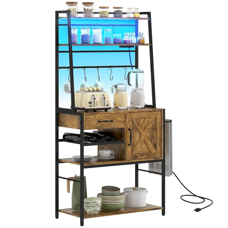 Étagère de cuisine avec prise de courant et lumières LED, meuble bar à café avec étagères de rangement et support pour micro-ondes