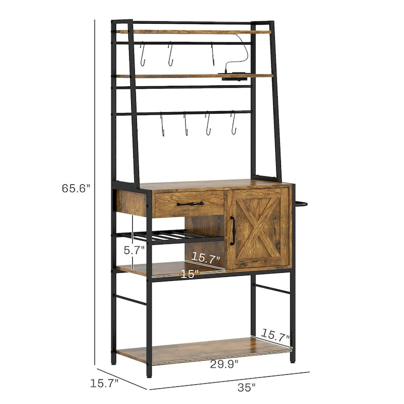 Étagère de cuisine avec prise de courant et lumières LED, meuble bar à café avec étagères de rangement et support pour micro-ondes