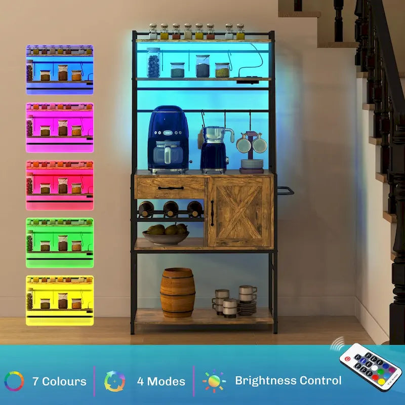 Étagère de cuisine avec prise de courant et lumières LED, meuble bar à café avec étagères de rangement et support pour micro-ondes