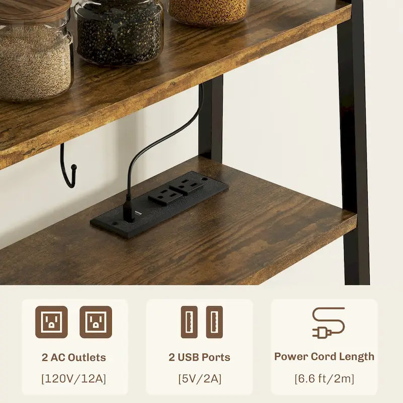 Étagère de cuisine avec prise de courant et lumières LED, meuble bar à café avec étagères de rangement et support pour micro-ondes