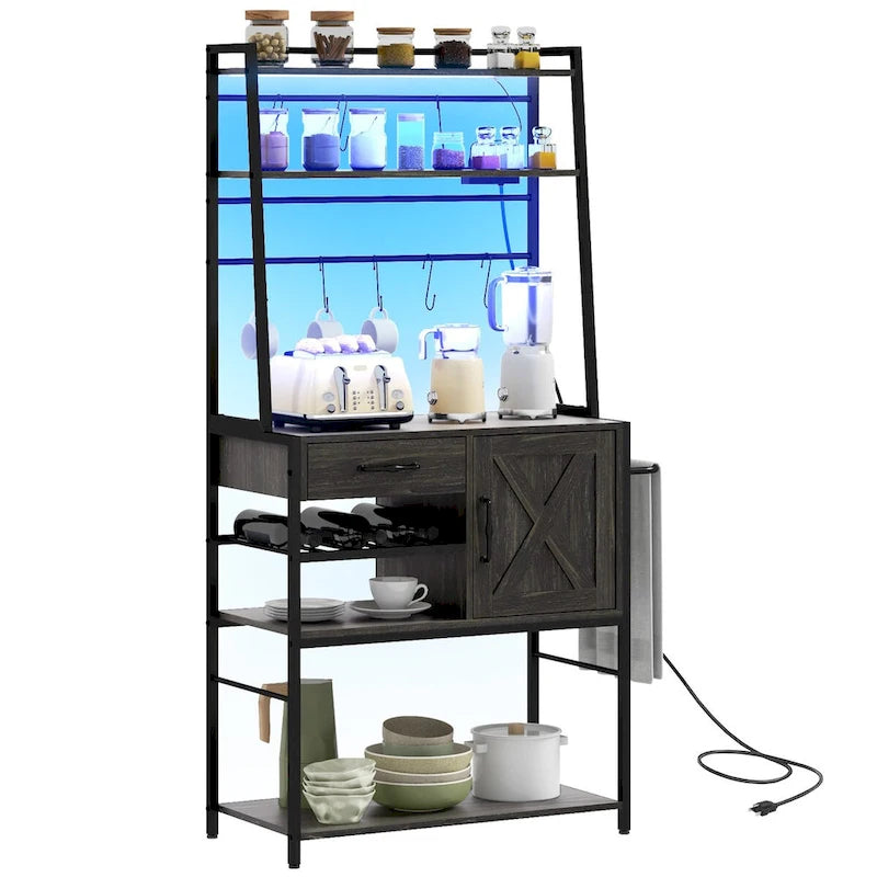 Étagère de cuisine avec prise de courant et lumières LED, meuble bar à café avec étagères de rangement et support pour micro-ondes
