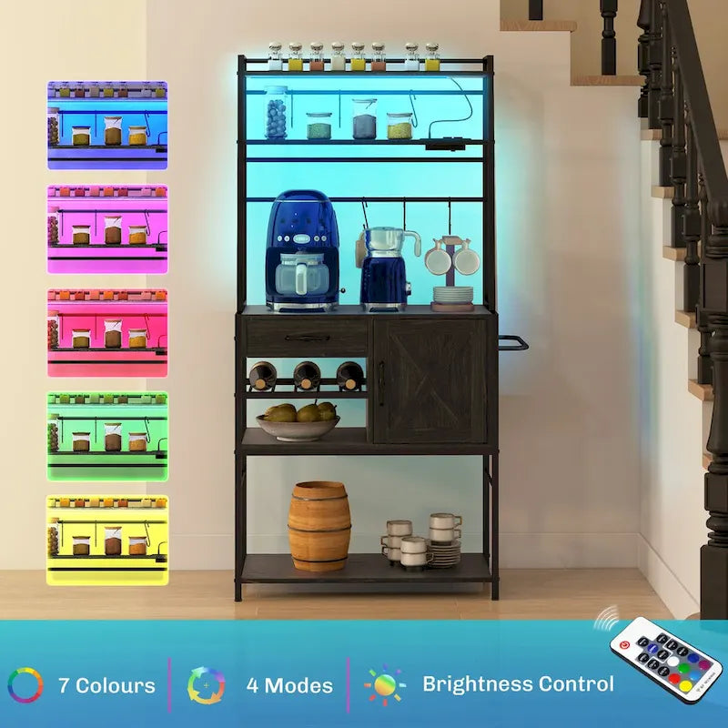 Étagère de cuisine avec prise de courant et lumières LED, meuble bar à café avec étagères de rangement et support pour micro-ondes