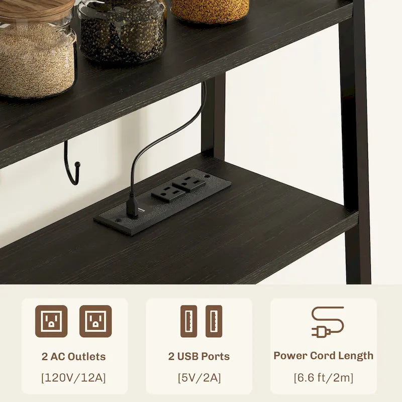 Étagère de cuisine avec prise de courant et lumières LED, meuble bar à café avec étagères de rangement et support pour micro-ondes