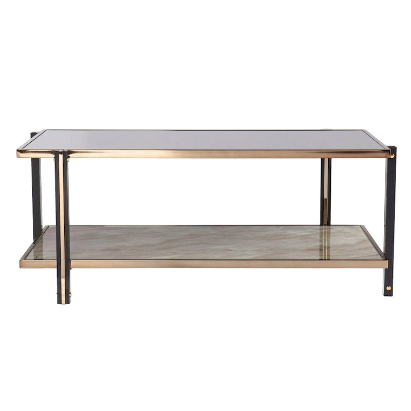 Table basse de cocktail effet miroir avec cadre couleur champagne et étagère inférieure