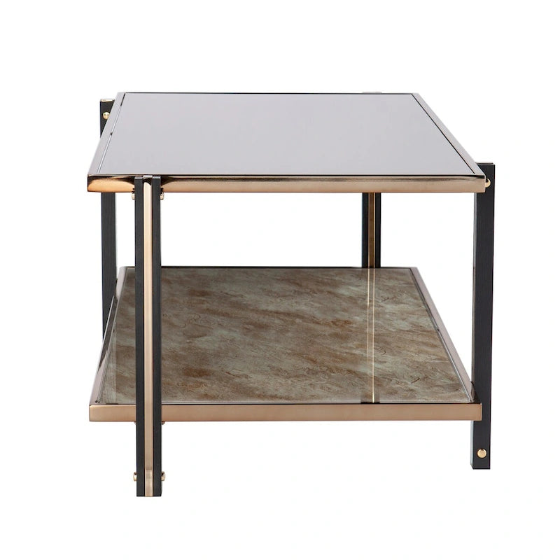 Table basse de cocktail effet miroir avec cadre couleur champagne et étagère inférieure