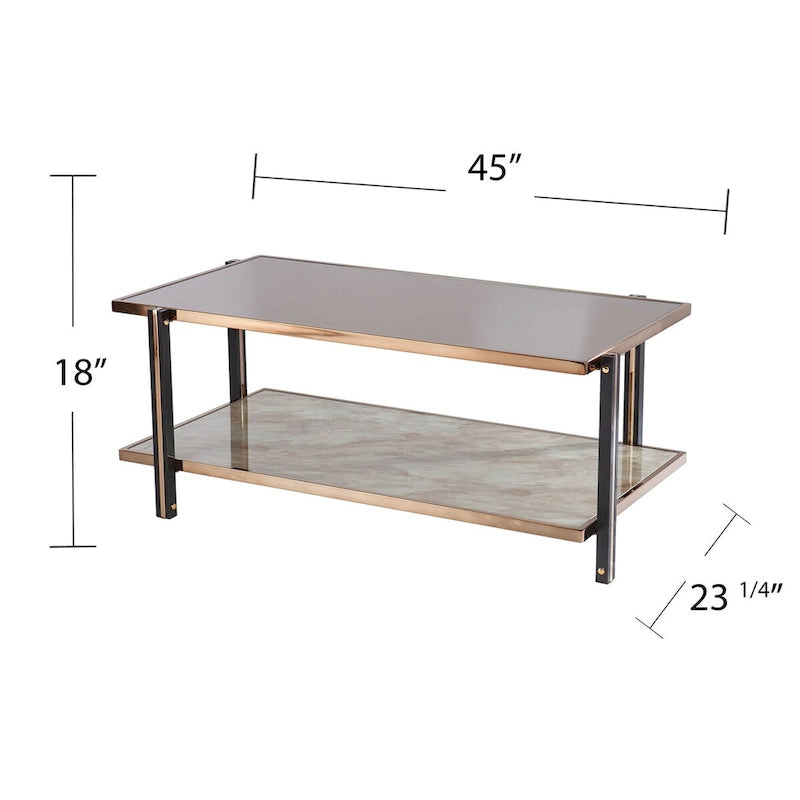 Table basse de cocktail effet miroir avec cadre couleur champagne et étagère inférieure